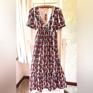 NWT J.CREW Beachwear Poppy Print Maxi Dress M Floral Short Sleeve Red Blue